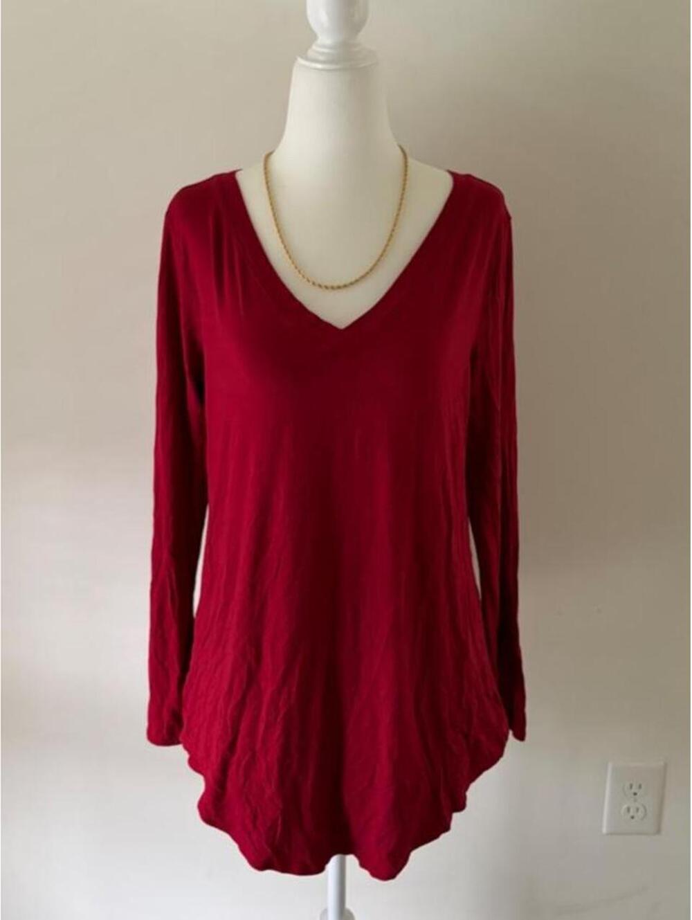 Y2K Zenana Red Deep V-Neck Long Sleeve Tunic Top